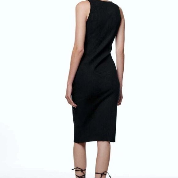 Zara Bodycon Ribbed Knit Button Down Sleeveless Black Midi Dress - Picture 2 of 11